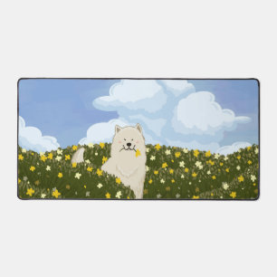 Chien Samoyède Mignon dans un Champ de Fleurs Jaun