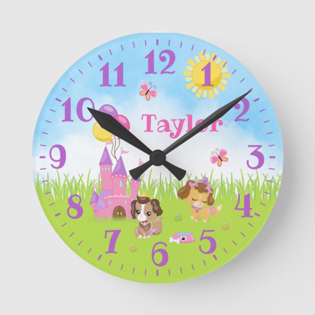 Chiens de uppy Castle Rose et Violet Horloge ronde (Recto)