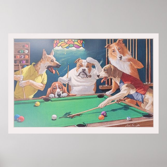Chiens Jouant Billard Poster (Devant)