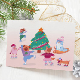 Chiens mignons Patinage sur glace rose doux Carte 