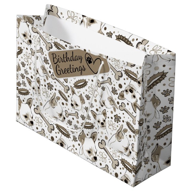 Chihuaha illustriertes nahtloses Muster Große Geschenktüte (Vorderseite Schrägansicht)