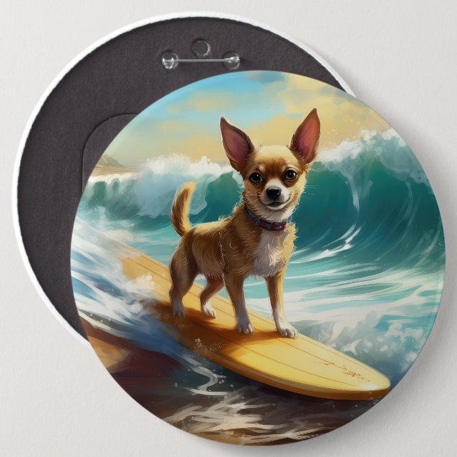 Chihuahua Beach Surfmalerei Button (Vorne & Hinten)