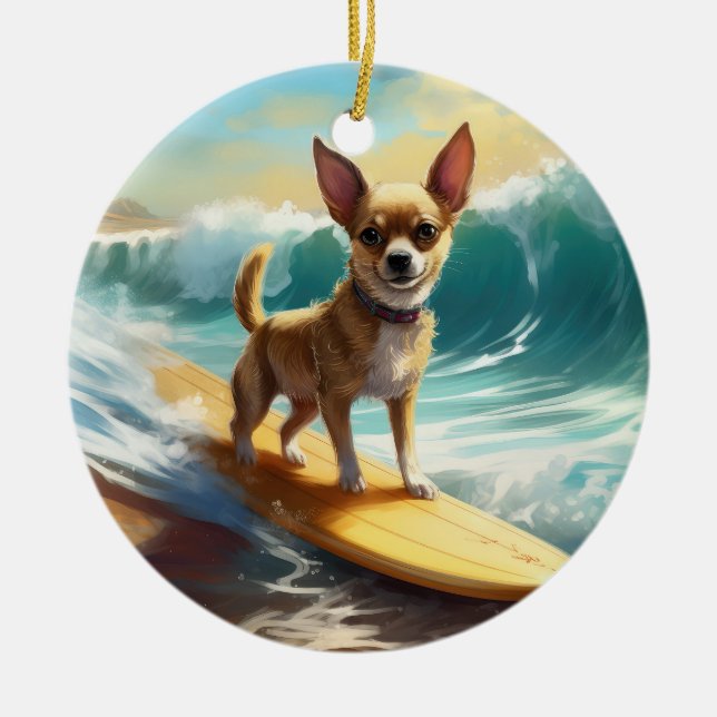 Chihuahua Beach Surfmalerei Keramik Ornament (Vorne)