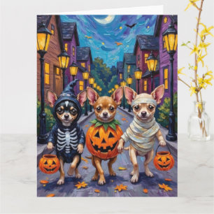 Chihuahua beim Süßigkeiten-Sammeln in Halloween-Ko Karte