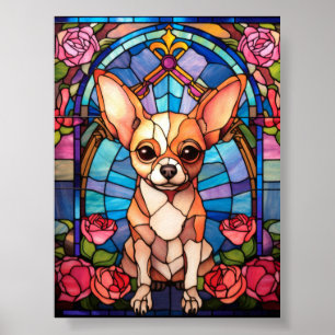 Chihuahua-Buntglasfenster rosa Rosenporträt Poster