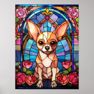 Chihuahua-Buntglasfenster rosa Rosenporträt Poster