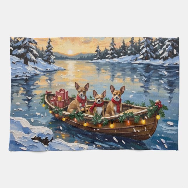 Chihuahua Christmas Boat Holiday Geschirrtuch (Horizontal)