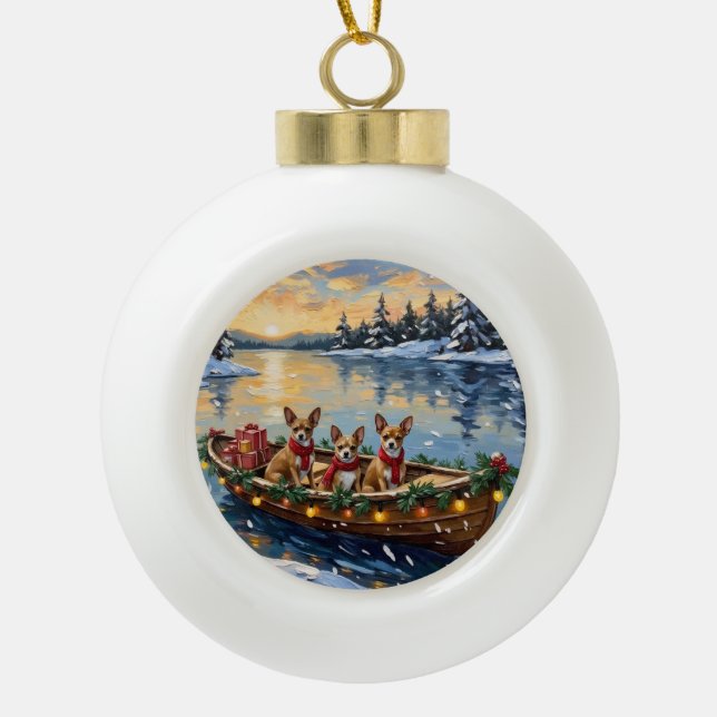 Chihuahua Christmas Boat Holiday Keramik Kugel-Ornament (Vorderseite)