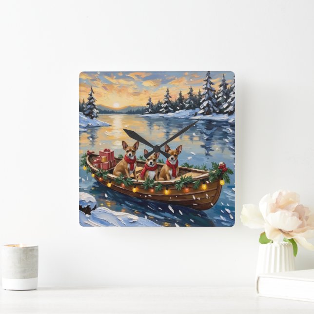 Chihuahua Christmas Boat Holiday Quadratische Wanduhr (Zuhause)