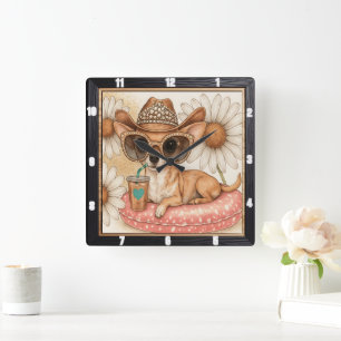 Chihuahua Cowboy Pool Party Quadratische Wanduhr