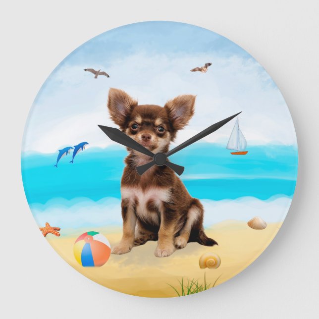 Chihuahua Dog am Strand Große Wanduhr (Vorderseite)