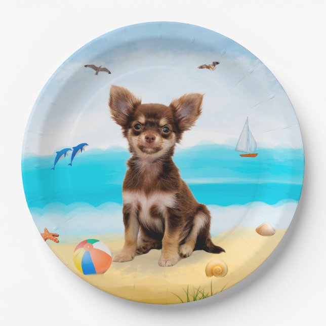 Chihuahua Dog am Strand Pappteller (Vorderseite)
