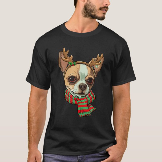 Chihuahua Dog Christmas Rentier Weihnachtsmannmütz T-Shirt (Vorderseite)