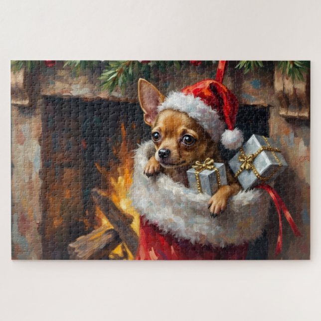 Chihuahua Dog Christmas Stocking Surprise Art (Horizontal)