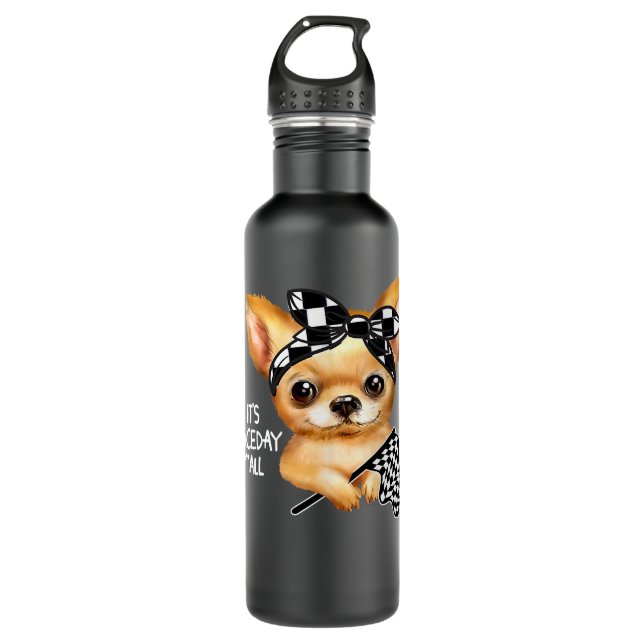 Chihuahua Dog Dirt Track Racing Checkered Race Fla Edelstahlflasche (Vorderseite)