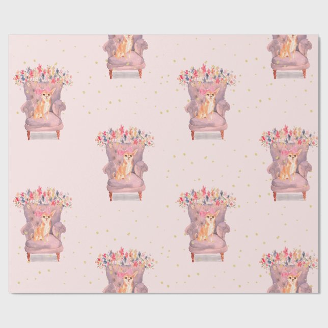 Chihuahua Dog Floral Pink Gold Spots Geschenkpapier (Flach)