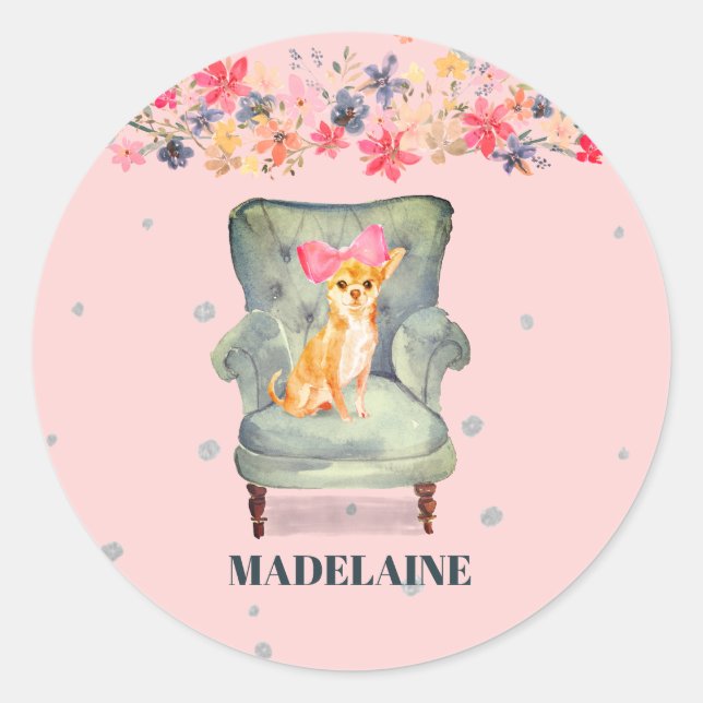 Chihuahua Dog Floral Pink Silver Runder Aufkleber (Vorderseite)
