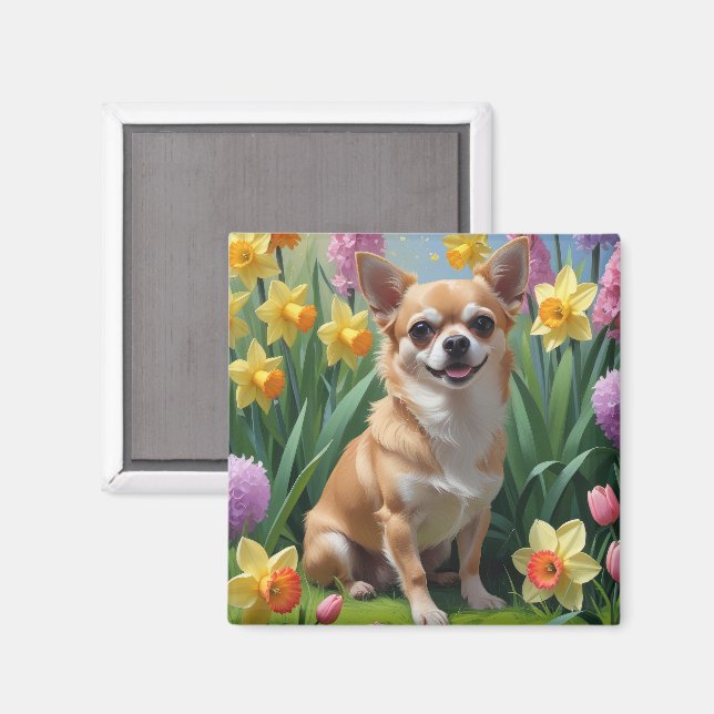 Chihuahua Dog Frühlingsblumen Malerei Magnet (Vorderseite/Rückseite)