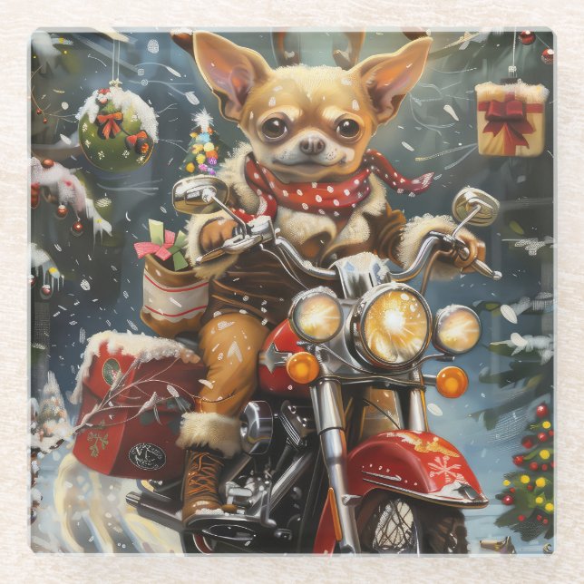Chihuahua Dog Riding Motorrad Weihnachten Glasuntersetzer (Vorderseite)
