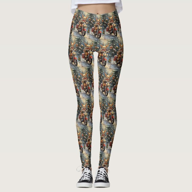 Chihuahua Dog Riding Motorrad Weihnachten Leggings (Vorderseite)