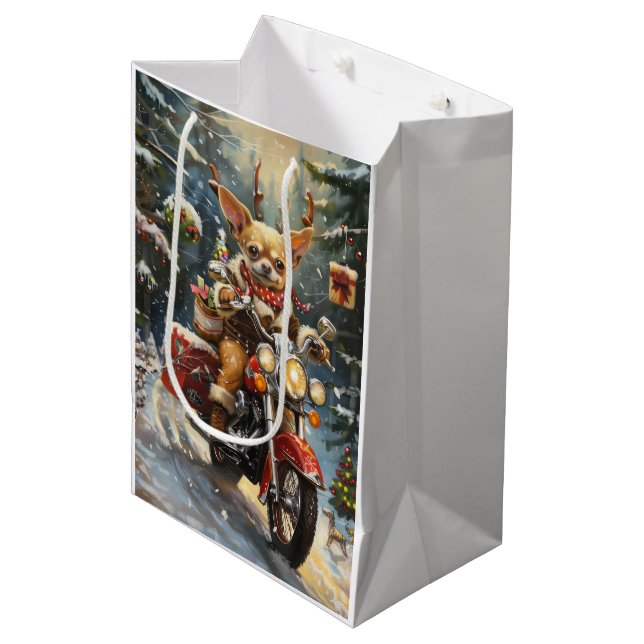 Chihuahua Dog Riding Motorrad Weihnachten Mittlere Geschenktüte (Vorderseite Schrägansicht)
