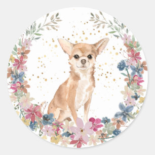 Chihuahua Dog Spring Blumen Wreath Runder Aufkleber