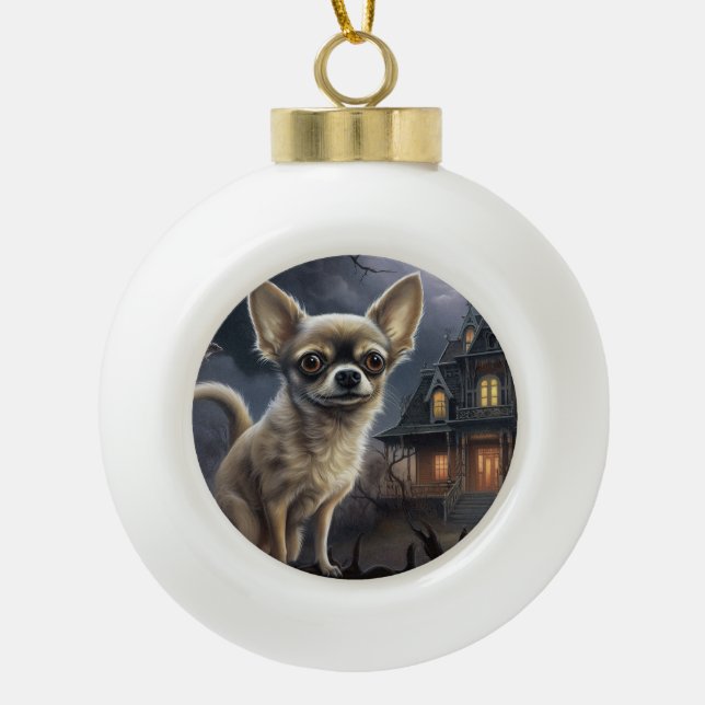 Chihuahua Halloween Beängstigend Keramik Kugel-Ornament (Vorderseite)