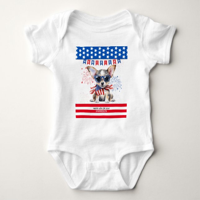 Chihuahua Happy 4th July America Patriotic USA Baby Strampler (Vorderseite)