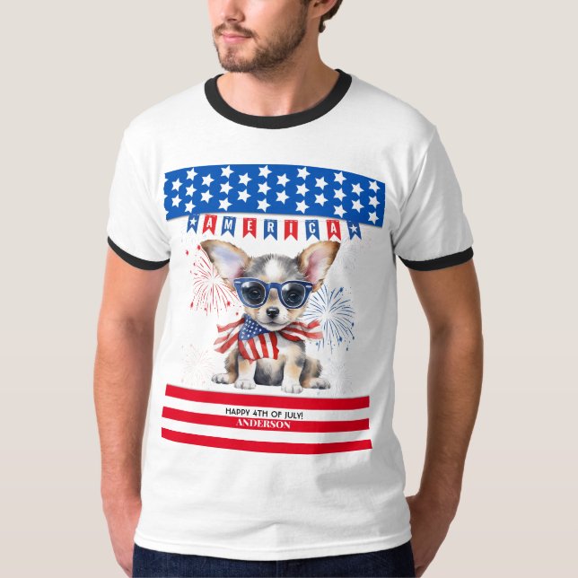 Chihuahua Happy 4th July America Patriotic USA T-Shirt (Vorderseite)