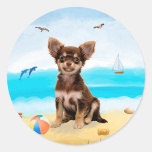 Chihuahua-Hund am Strand Runder Aufkleber