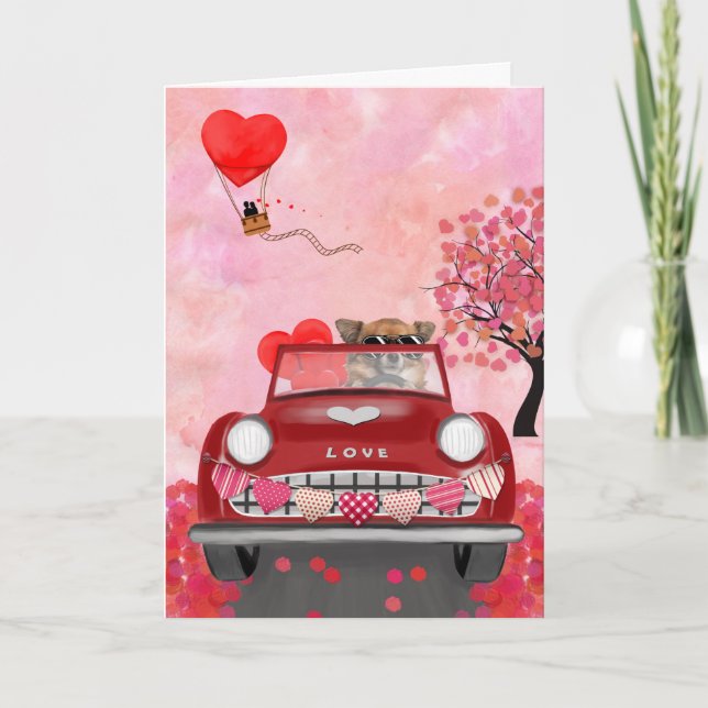 Chihuahua Hund Auto mit Herz Valentins Karte (Vorderseite)