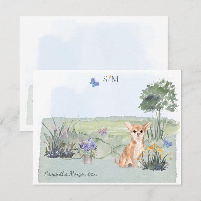 Chihuahua Hund Butterfly Meadow Monogram Name Mitteilungskarte (Vorne/Hinten)