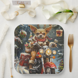 Chihuahua Hund fährt Motorrad Weihnachten Pappteller