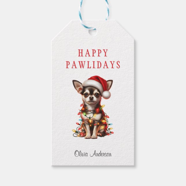 Chihuahua-Hund hing an Weihnachtslichtern Geschenkanhänger (Vorderseite)