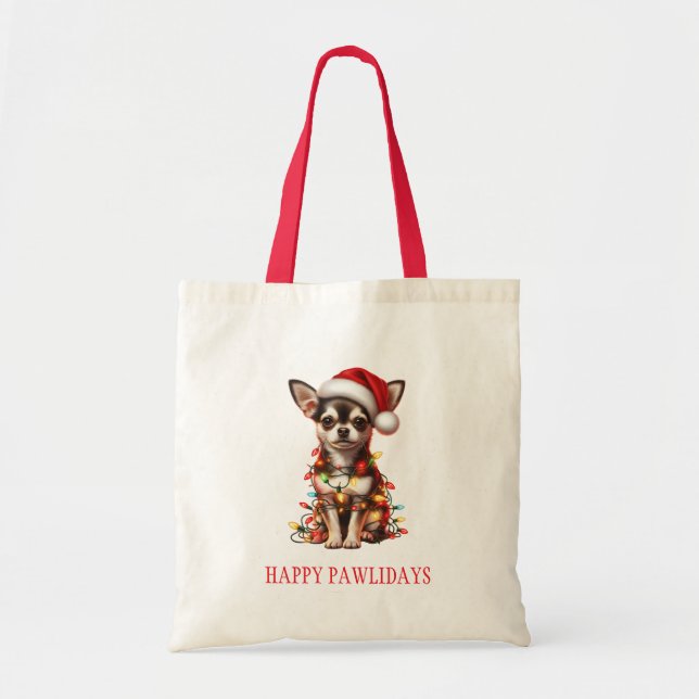 Chihuahua-Hund hing an Weihnachtslichtern Tragetasche (Vorne)