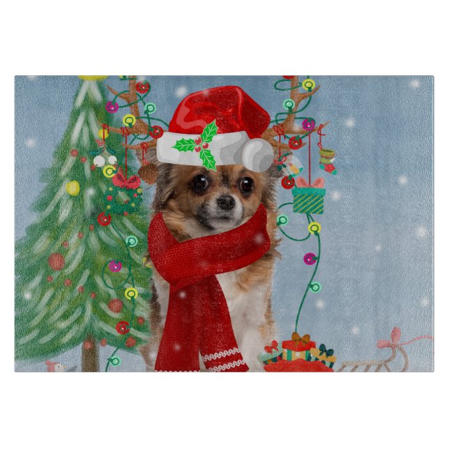 Chihuahua Hund im Schnee mit Weihnachtsgeschenken Schneidebrett (Vorderseite)