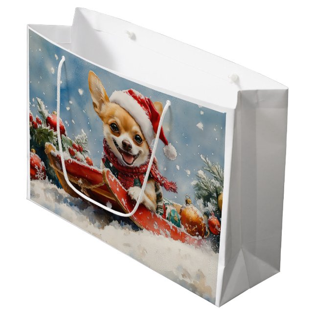 Chihuahua Hund in Sledge Let it Schnee Weihnachten Große Geschenktüte (Vorderseite Schrägansicht)