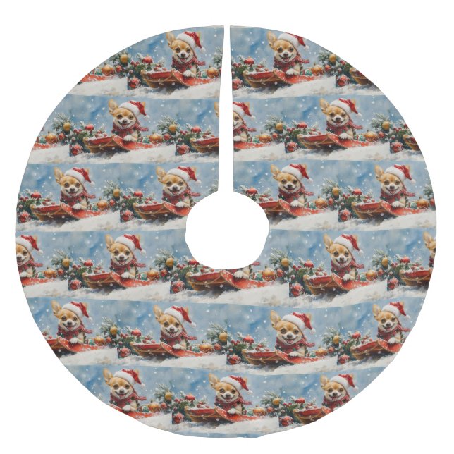 Chihuahua Hund in Sledge Let it Schnee Weihnachten Polyester Weihnachtsbaumdecke (Vorderseite)