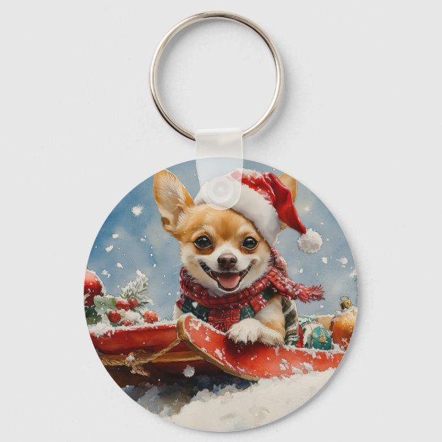 Chihuahua Hund in Sledge Let it Schnee Weihnachten Schlüsselanhänger (Vorderseite)