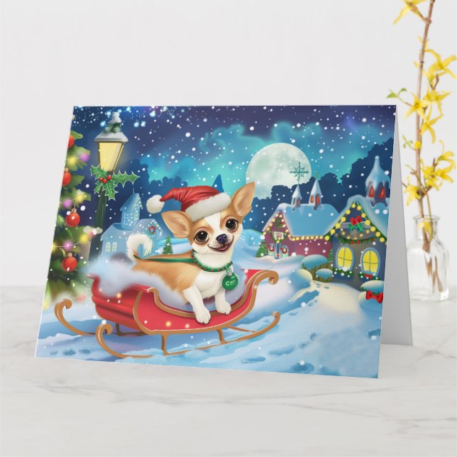 Chihuahua Hund in Sleigh Snow Weihnachten Karte (Gelbe Blume)
