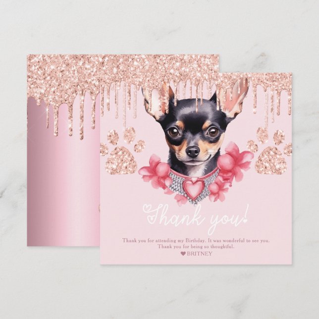 Chihuahua Hund mit Glitzer Birthday Party Dankeskarte (Vorne/Hinten)