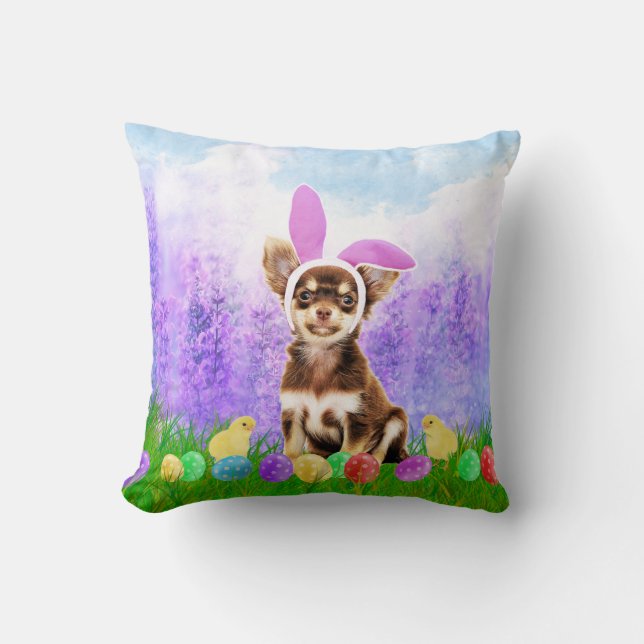 Chihuahua Hund mit Ostereiern Bunny Chicks Kissen (Vorderseite)