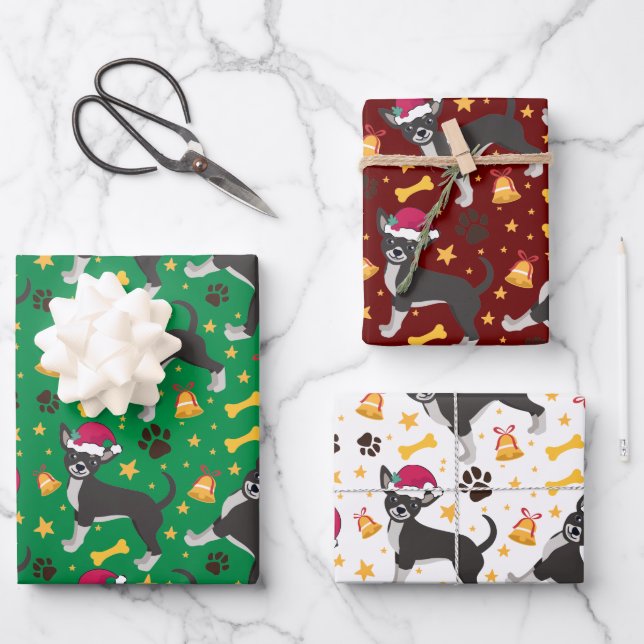 Chihuahua Hund mit Weihnachtsmannmütze Weihnachten Geschenkpapier Set (Vorderseite)