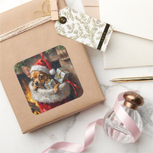 Chihuahua-Hund-Weihnachtsstrumpf-Überraschungskuns Quadratischer Aufkleber