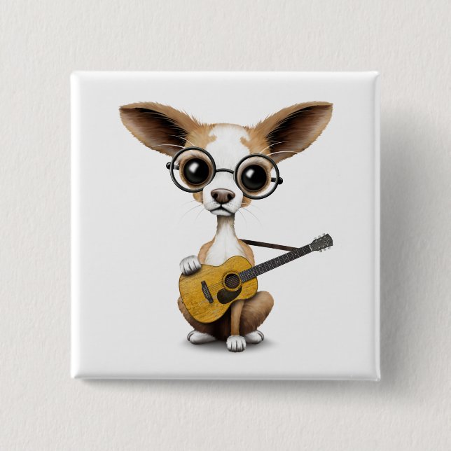 Chihuahua-Hündchen, das alte Akustikgitarre spielt Button (Vorderseite)