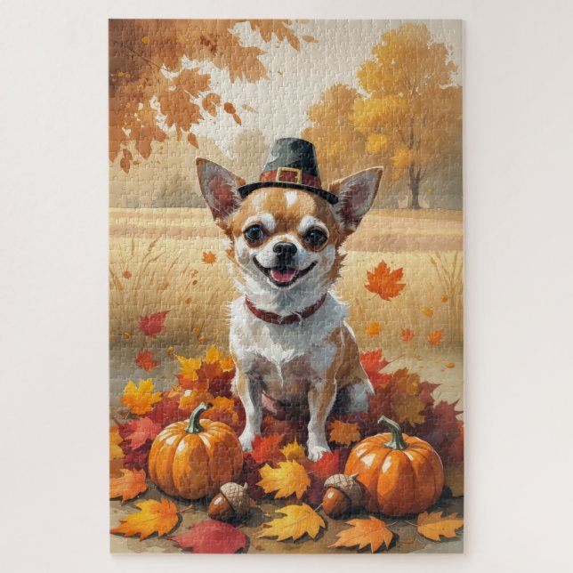 Chihuahua im Herbst hinterlässt Erntedank Kunst (Vertikal)