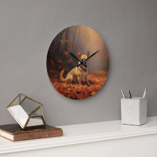 Chihuahua im Herbst inspiriert von fallenden Blätt Große Wanduhr