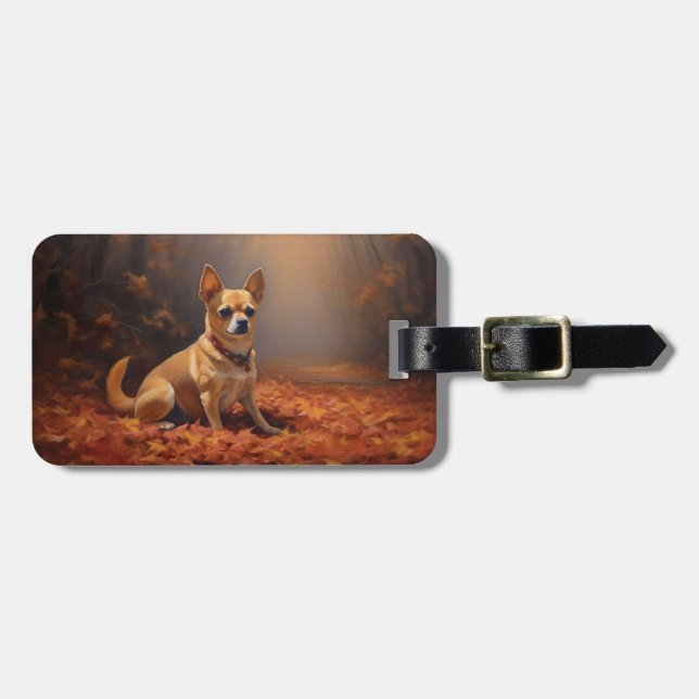 Chihuahua im Herbst Leaves Fall Inspiriert Gepäckanhänger (Vorderseite horizontal)