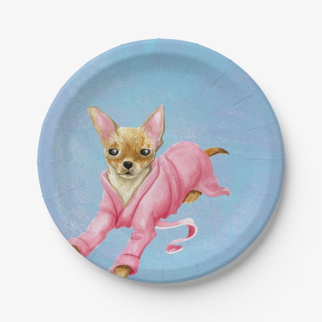 Chihuahua im rosa Bademantel-Papier-Party-Teller Pappteller (Vorderseite)