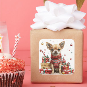 Chihuahua in Sweater mit Geschenkboxen Quadratischer Aufkleber
